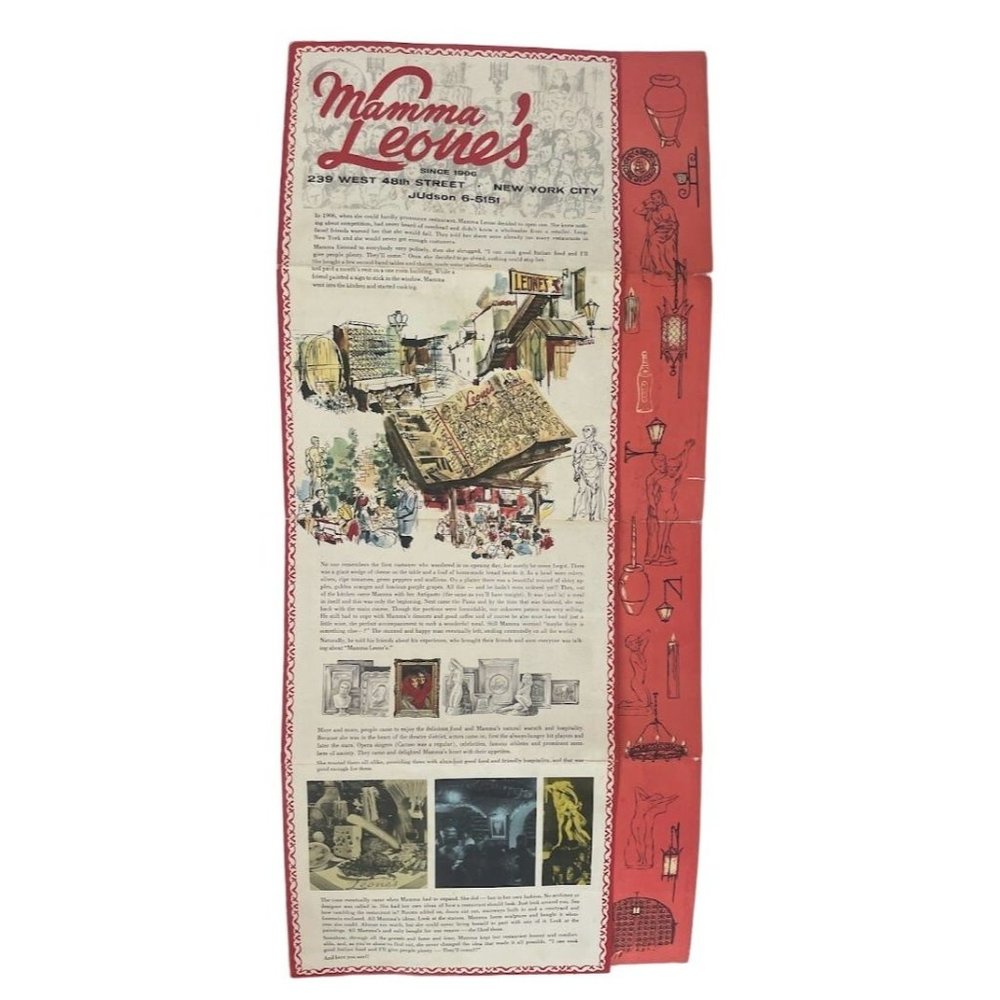Vintage and Rare 1950's two sided color "Mama Leone's menu- New York, City